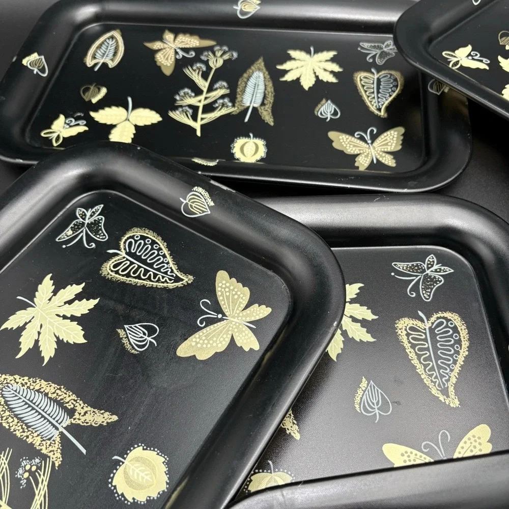 MCM Metal Trays Serving Platters Butterflies Leaves Flowers Black Gold 1960 8pc